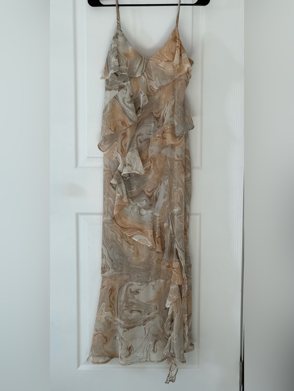 Beige Marble-Print Ruffle Slip Dress - Picture 3 of 4